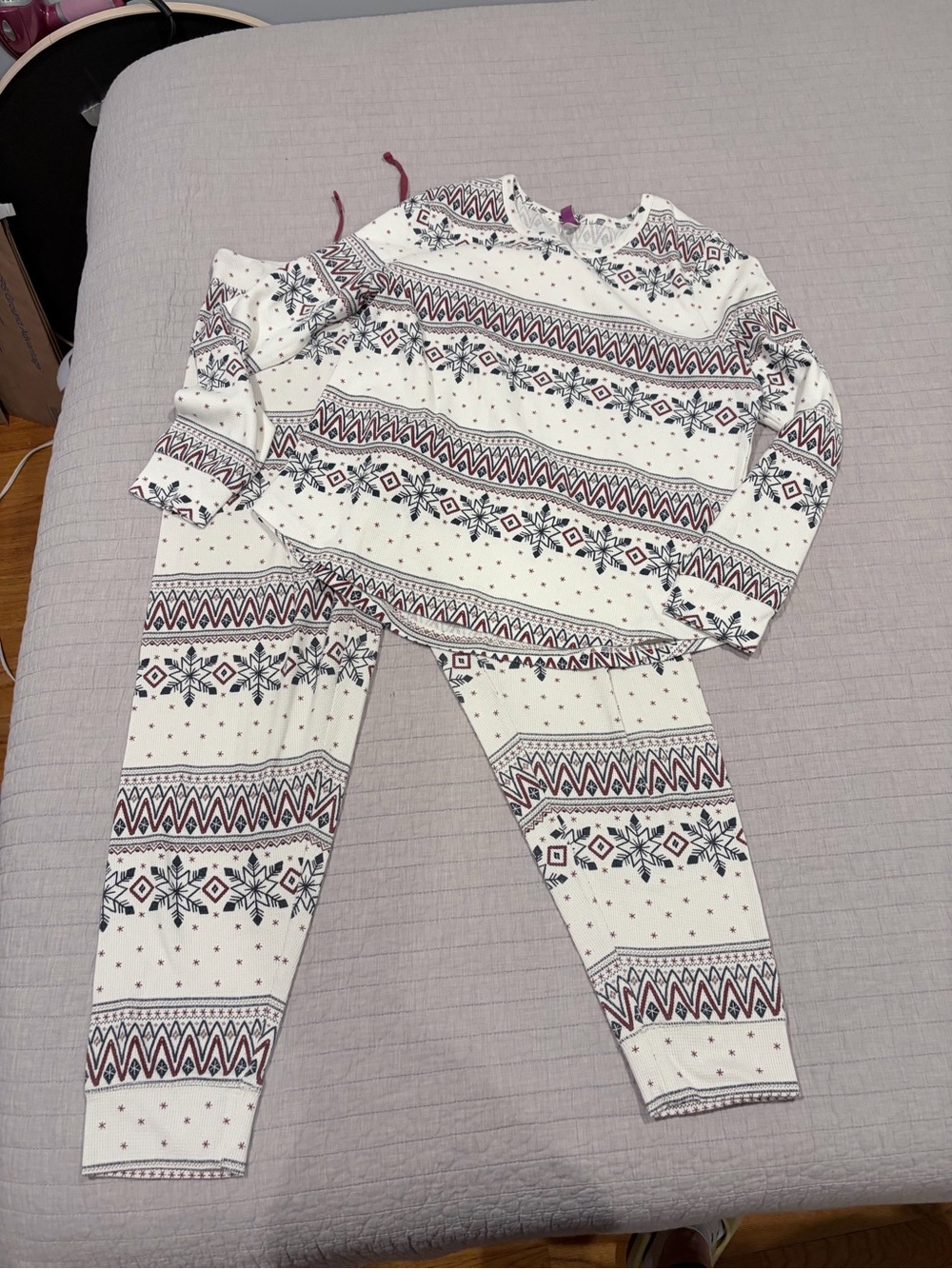 Adore Me White Fair Isle Pajama Set with Navy and Maroon Accents